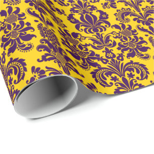 Elegante lila Blumen-Damaskus auf gelbem Hintergru Geschenkpapier