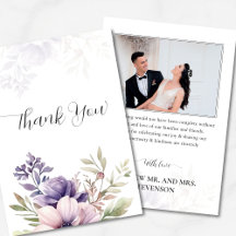 Elegante lila Blumen-Foto-Hochzeit Danke