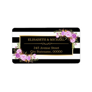 Elegante lila Blumen Gold Schwarz Weiß Streifen Adressaufkleber