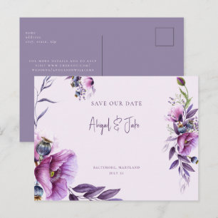Elegante lila Blumen-Hochzeit-Speichert-Datum-Post Postkarte