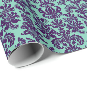 Elegante Lila BlumenDamasken Aquamarin-grün Geschenkpapier