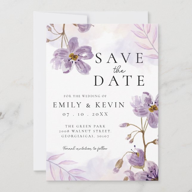 Elegante Lila Blumenhochzeit Save The Date (Vorderseite)