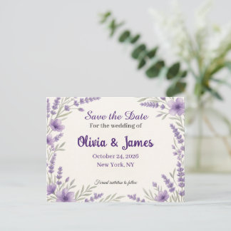Elegante lila Blumenhochzeit - Save-the-Date-Karte Ankündigungspostkarte