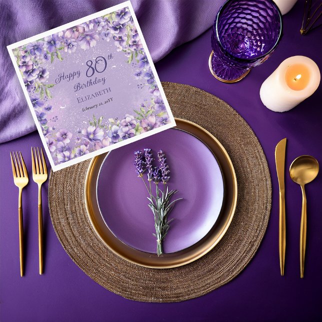 Elegante Lila Blumenrüblinge 80. Geburtstagsparty Serviette (Boho Elegant Purple Floral Violets 80th Birthday Party Napkins)