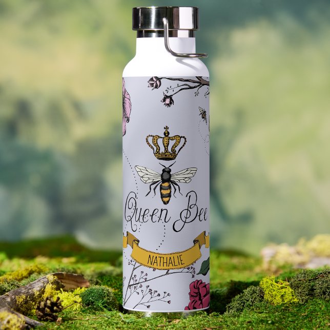 Elegante Lila Blütenkönigin Biene und Krone Trinkflasche (Elegant Queen Bee Gold Crown Water Bottle in Purple for Her. Hand Drawn Floral Bee Illustration.)