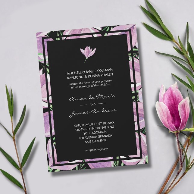 Elegante Lila Blütenpracht bei Schwarzer Hochzeit Einladung (Elegant purple and white magnolia border wedding invitations - INSTANT DOWNLOAD and/or PRINTED)
