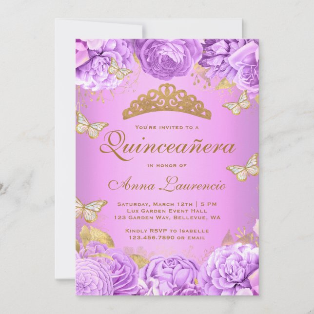 Elegante Lila Blütenschmetterlinge Quinceanera Einladung (Vorderseite)