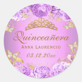 Elegante Lila Blütenschmetterlinge Quinceanera Runder Aufkleber