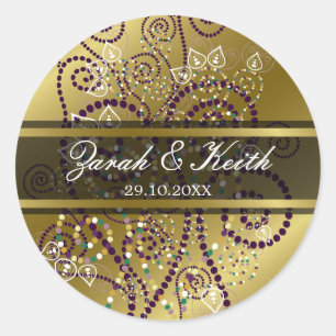 Elegante lila Boho-Spiralen Goldene Hochzeitsaufkl Runder Aufkleber