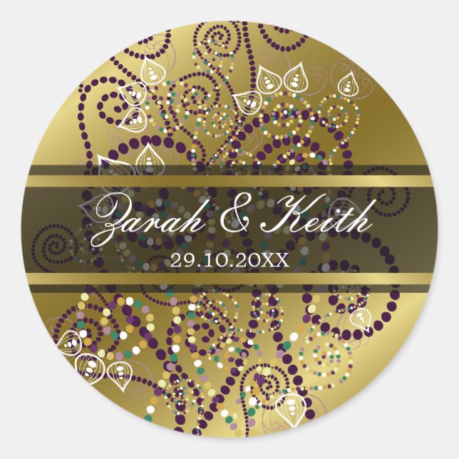Elegante Lila Boho Spirals Gold Wedding Stickers (Vorderseite)