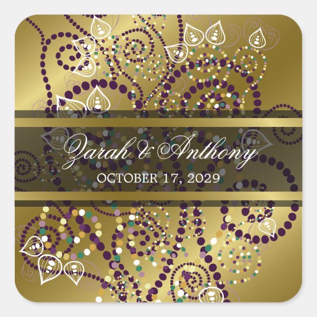 Elegante Lila Boho Spirals Gold Wedding Stickers (Vorderseite)