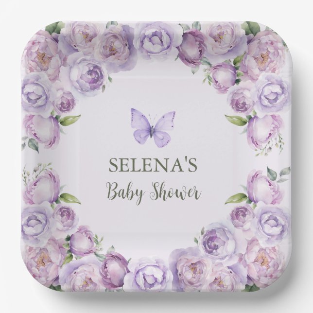 Elegante Lila Butterfly Baby-Dusche Pappteller (Vorderseite)