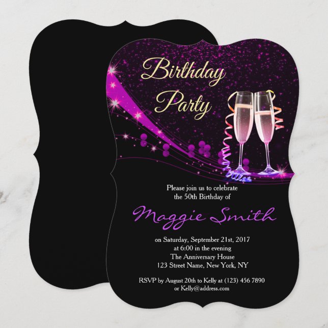 Elegante Lila Champagne Geburtstagsparty Einladung (Vorne/Hinten)