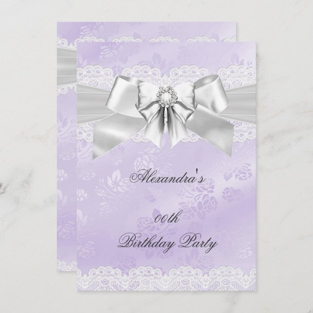 Elegante Lila Damask Silver White Birthday Party Einladung (Vorne/Hinten)