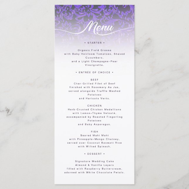Elegante Lila Damask Wedding Menu Card Menükarte (Vorderseite)