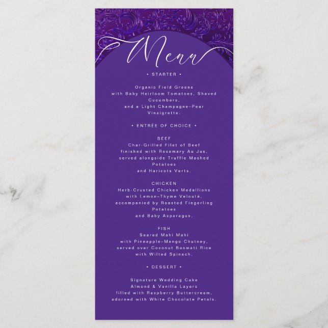 Elegante Lila Damask Wedding Menu Card Menükarte (Vorderseite)