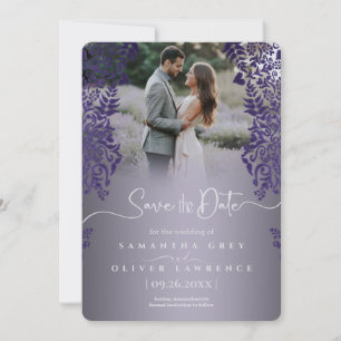 Elegante Lila Damaske Save the Date Fotokarte Dankeskarte
