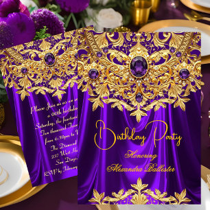 Elegante lila Edelsteine Goldspitze Damast Geburts Einladung