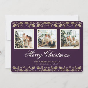 Elegante Lila Familie 3 Foto Frohe Weihnachtskarte Feiertagskarte