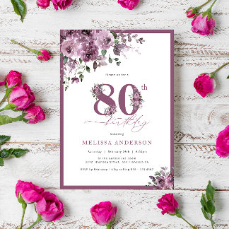Elegante Lila Flora 80. Geburtstagsparty Einladung