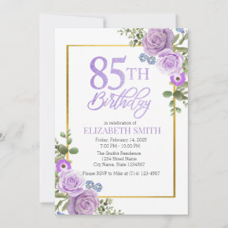 Elegante Lila Flora 85. Geburtstag Einladung