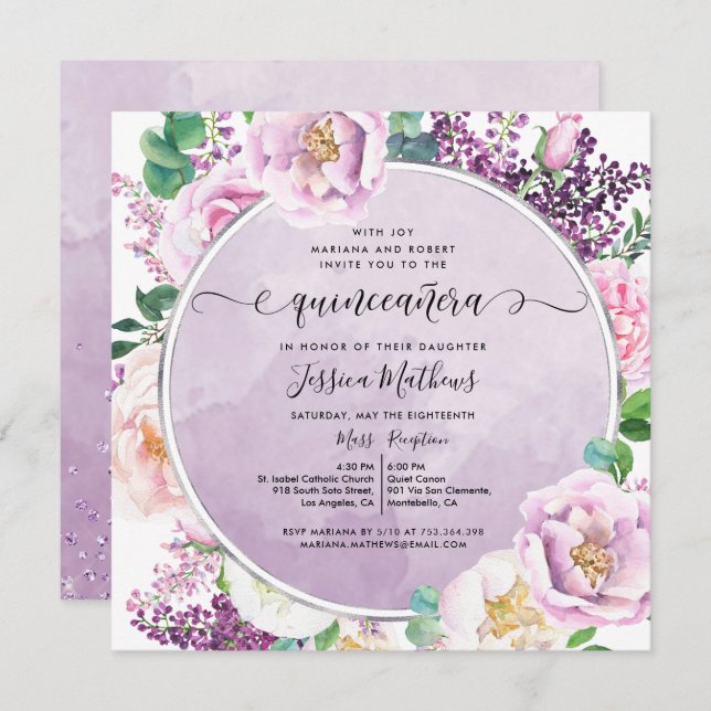 Elegante Lila Flora, Aquarellfarben Quinceñera Einladung (Vorne/Hinten)