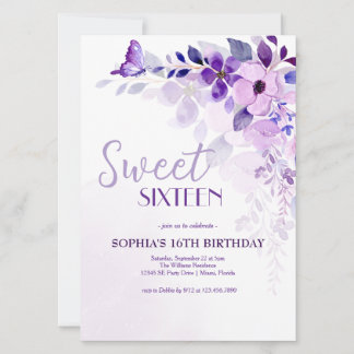 Elegante Lila Floral 16 . Geburtstag Einladung