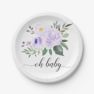 Elegante Lila Floral Oh Babyduschplatte Pappteller