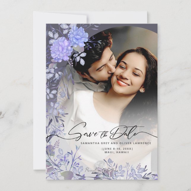 Elegante Lila florale Foto Save the Date Karte (Vorderseite)