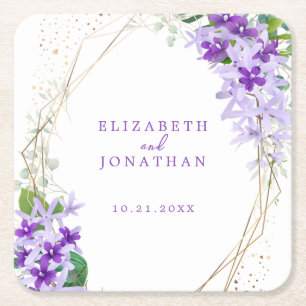 Elegante lila florale Hochzeit mit goldenem Rahmen Rechteckiger Pappuntersetzer