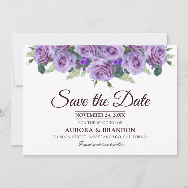 Elegante Lila, florale Save the Date Einladung (Vorderseite)