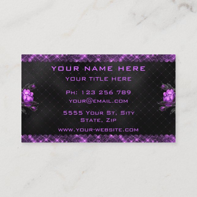 Elegante lila Flowers Glitzer Black Business Card Visitenkarte (Rückseite)