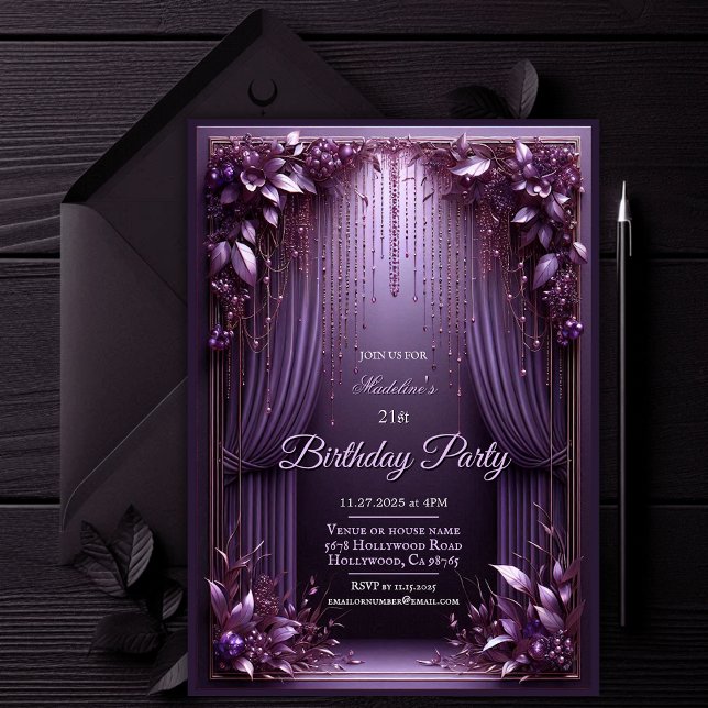 Elegante Lila Geburtstagsparty Einladung (Elegant Floral Amethyst Purple Birthday Party Invitation)