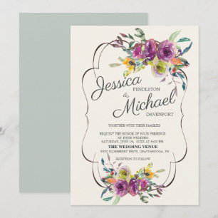 Elegante lila-gelbe Aquarell-Blumenhochzeit Einladung
