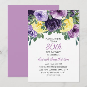 Elegante lila-gelbe Blumen zum 80. Geburtstag Einladung