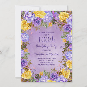 Elegante lila-gelbe Rosen Pfingstrosen 100. Geburt Einladung