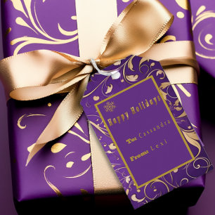 Elegante Lila & Gold Damask "Happy Holidays" Geschenkanhänger
