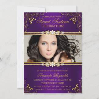 Elegante Lila & Gold Floral 16 . Geburtstag Einlad Einladung