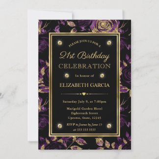 Elegante Lila & Gold Rose Floral 21. Geburtstag Einladung
