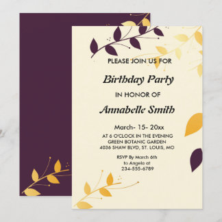 Elegante Lila Golden Blätter Geburtstagsparty Einladung