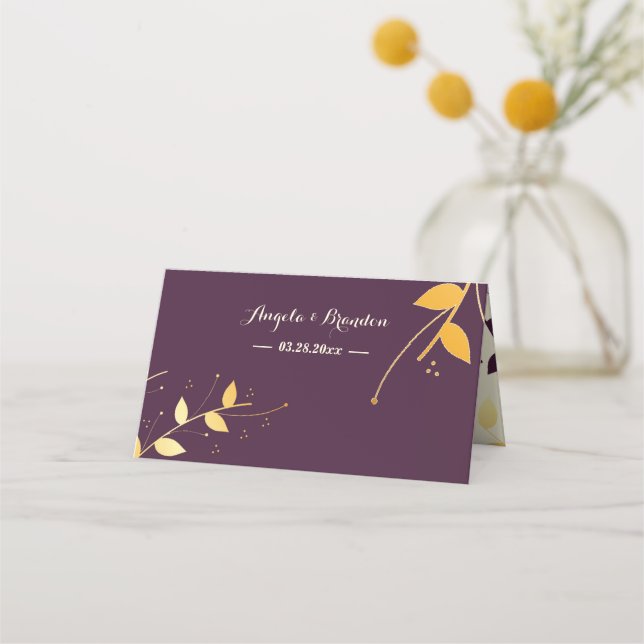 Elegante Lila Goldene Blätter Platzkarte (Rückseite)