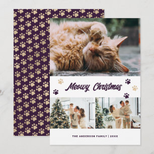 Elegante lila-goldene Foto-Meowy-Weihnachtskarte Feiertagskarte