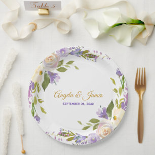 Elegante lila-goldene Wasserfarben-Hochzeit mit fl Pappteller