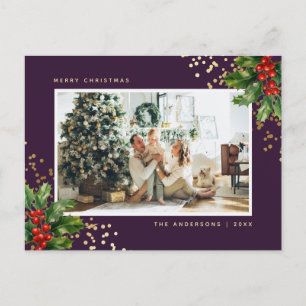 Elegante lila-goldene Wasserfarben-Stechpalmen-Fot Feiertagspostkarte