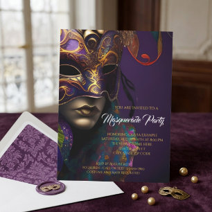 Elegante lila goldverzierte Masken-Masqueraden-Par Einladung
