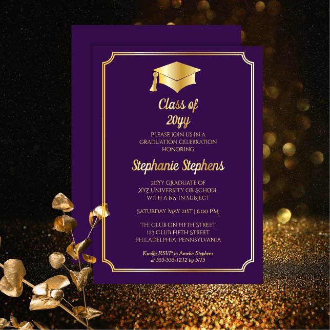 Elegante Lila Graduiertenparty Gold Folieneinladung (Elegant Purple and Gold College or University Graduation Announcement and Party Foil Invitation )