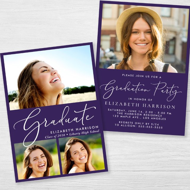 Elegante Lila Graduierungsparty Einladung (An elegant photo graduation party invitation to celebrate the graduate's achievements)