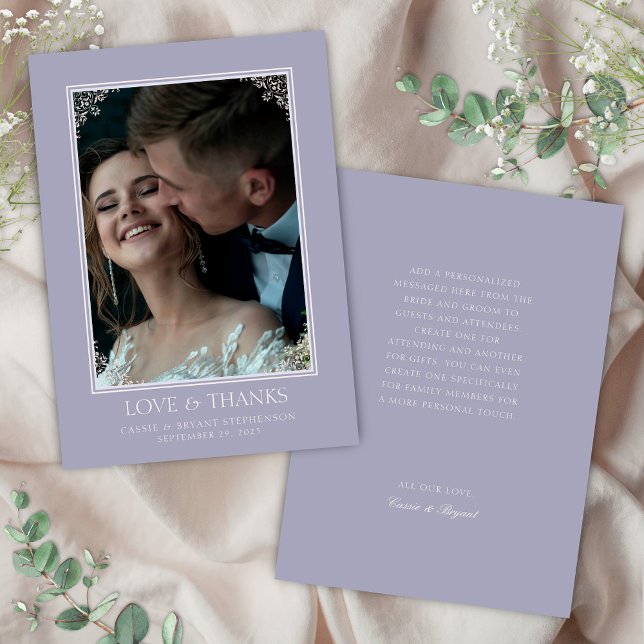 Elegante Lila Grenzhochzeit Dankeskarte (elegant purple and blush pink french lilac theme wedding thank you cards with border photo message)