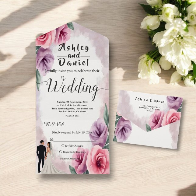 Elegante Lila Hochzeit der Wasserfarben All In One Einladung (Von Creator hochgeladen)