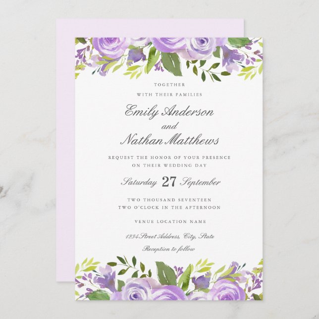Elegante Lila Hochzeit der Wasserfarben Einladung (Vorne/Hinten)